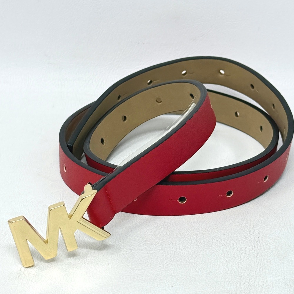 Michael Kors Red Belt Womens Gold Tone Logo Med Skinny Preppy Hipster Designer